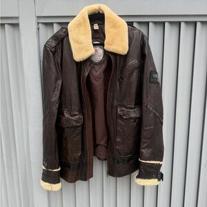 Men’s Diesel Letric Fur Collar leather Jacket Brown size large